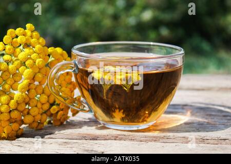 Thé aux herbes ou teinture au tansy dans un mug et fleurs de tansy jaunes sur la surface d'une table en bois sur le fond de la nature. Herbes de guérison. Phyto Banque D'Images