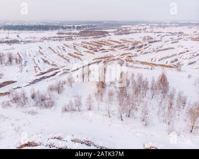 Scierie, bois de stockage en rondins, récolte hivernale de bois. Russie, Tomsk Banque D'Images