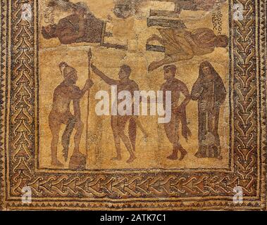 Mosaïque Des Sept Sages. 4ème siècle après Jésus-Christ. Il représente un chapitre de L'Iliad. Briseis est retourné à Achilles après avoir été enlevé par Agamemnon. Détails. Musée National De L'Art Romain Merida. Estrémadure. Espagne. Banque D'Images