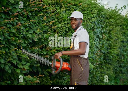 Jardinier masculin compétent dans l'ensemble marron, chapeau d'été et lunettes de protection élagage buissons avec taille-haie électrique. Concept d'activités de jardinage et de coupe Banque D'Images