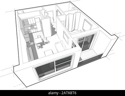 Schéma en coupe de la perspective d'un appartement d'une chambre à coucher entièrement meublé Illustration de Vecteur