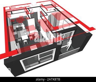 Schéma en coupe de la perspective d'un appartement d'une chambre à coucher entièrement meublé avec plan d'étage au-dessus de fond rouge Illustration de Vecteur
