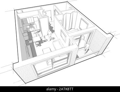 Schéma en coupe de la perspective d'un appartement d'une chambre à coucher entièrement meublé Illustration de Vecteur