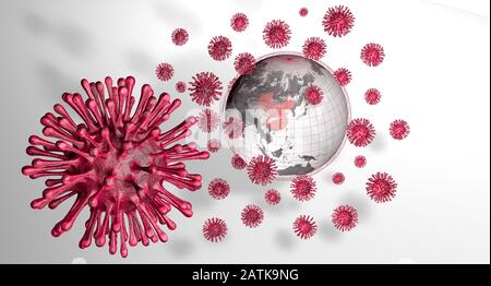 Planète Terre dans les tons gris et les lignes rouges avec la Chine mis en évidence en rouge avec des virus rouges entourant la planète sur fond blanc. Illustration tridimensionnelle Banque D'Images