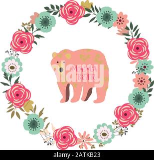 illustration vectorielle d'un cadre fleuri vintage fleurs avec un ours en mama. Illustration de Vecteur