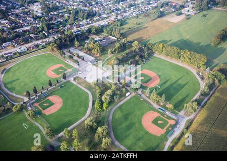 Vue aérienne sur les terrains de baseball et le parc. Banque D'Images