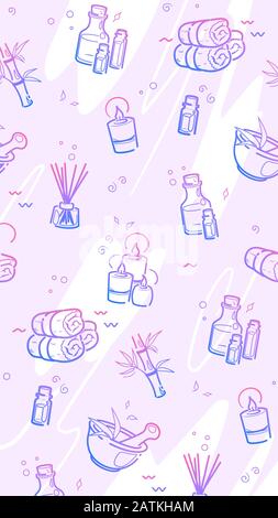 Couvercle de spa en style de ligne sur fond violet pour le bien-être salon de coiffure. Massage détente wallpaper dessin vectoriel. La santé du corps la nature en toile de fond. Beauty soin organique texture design médias sociaux. Illustration de Vecteur