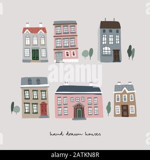Ensemble de vieilles maisons colorées dessinées à la main. Icônes immobilières isolées sur fond blanc. Ville, concept de village, paysage urbain. Collection de vecteurs Illustration de Vecteur