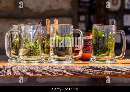 Mugs de thé muña, Minthostachys mollis, et thé coca, Erythroxylum novogranatense, utilisés pour lutter contre la maladie de l'altitude, l'altiplano péruvien, Pérou Banque D'Images