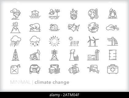 Ensemble de 30 icônes de la ligne des changements climatiques, telles que la météo, les catastrophes naturelles, l'industrie pétrolière et énergétique et d'autres éléments des effets du réchauffement climatique Illustration de Vecteur