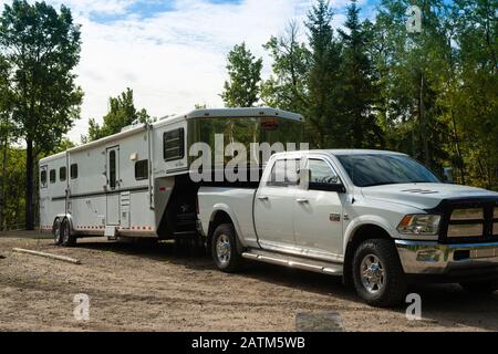 Un camion de ramassage blanc Dodge Ram attaché à une remorque équestre, stationné dans la zone de loisirs du lac Chickakoo en Alberta Canada Banque D'Images