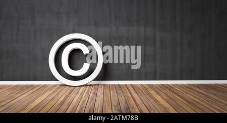 Copyright Symbol on Wodden Floor Lean on Black Grunge Wall with Copy Space - 3D3-Illustration. Banque D'Images