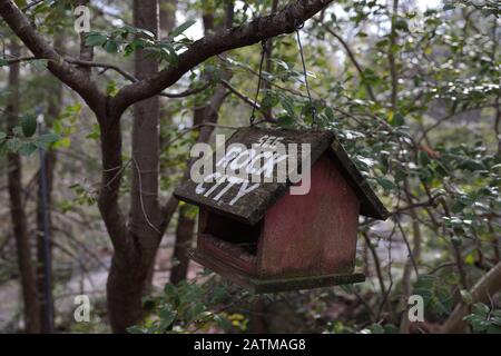 Une maison d'oiseaux en bois avec l'inscription blanche 'See Rock City' sur elle accrochée sur une branche dans un parc à Lookout Mountain, Géorgie Banque D'Images