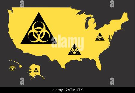 Carte des États-Unis avec illustration du signe du virus de risque biologique en noir et jaune Illustration de Vecteur