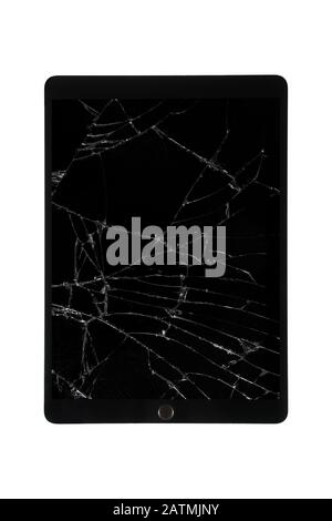 Tablette isolée avec écran cassé, écran de rétine fissuré sur fond blanc