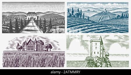 Ensemble De Vignes. Plantation de vignes pour étiquettes de bouteilles. Vue panoramique sur le paysage gravé français ou italien. Montagnes Champs Ruraux Collines De Blé Dessiné À La Main Illustration de Vecteur