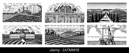 Ensemble De Vignes. Plantation de vignes pour étiquettes de bouteilles. Vue panoramique sur le paysage gravé français ou italien. Montagnes Champs Ruraux Collines De Blé. Tiré à la main Illustration de Vecteur