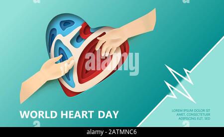 Concept De La Journée Mondiale Du Cœur. Grugeage en papier superposé avec étiquette de la Journée mondiale du cœur. L'homme tient une main d'aide. Deux mains qui s'atteignent l'une pour l'autre. Plat Illustration de Vecteur