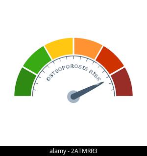 Echelle de couleurs avec flèche de vert à rouge. Icône du dispositif de mesure du risque d'ostéoporose. Signez le tachymètre, le compteur de vitesse, les indicateurs. jauge infographie colorée Illustration de Vecteur