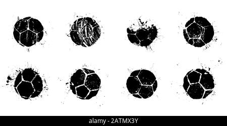 Jeu de ballons de football Grunge. Illustration vectorielle de véritables imprimés de ballon de football avec des touches pour votre poster, flyer ou bannière de football Illustration de Vecteur