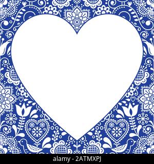 Carte de vœux Saint-Valentin, motif folklorique vectoriel en coeur, fond floral scandinave en blanc et bleu marine Illustration de Vecteur