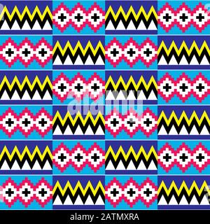 Afro Kente nwentoma tissu style géométrique vectoriel sans couture, modèle zigzag rétro avec des formes abstraites inspirées par les tissus tribaux du Ghana Illustration de Vecteur