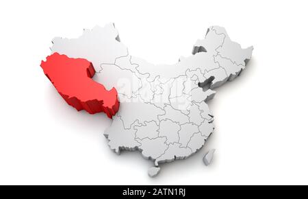 Carte de la Chine montrant la région de Xizang Tibet. Rendu 3D Banque D'Images