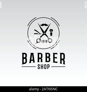 Logo du barbershop et illustration de l'étiquette et du badge vintage du barbier Illustration de Vecteur