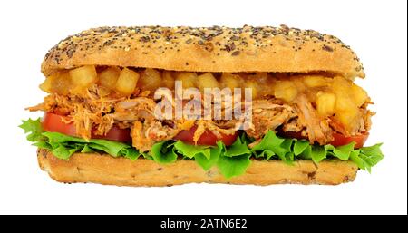 Sandwich au porc haché cuit lentement dans un pain à plateau multigrains avec sauce grosse pomme Bramley isolée sur fond blanc Banque D'Images