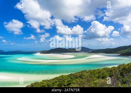 Plage tropicale paradis arrière-plan de l'eau bleu turquoise et de la plage de la mer de corail. Plage aérienne de Whitehaven et estuaire de Hill Inlet Banque D'Images