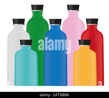 bouteilles d'eau de couleur différente isolées sur fond blanc Banque D'Images