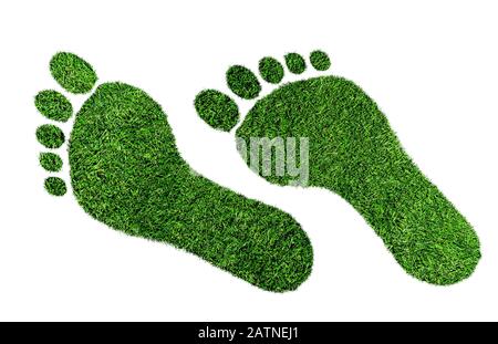 concept d'empreinte écologique, empreinte pieds nus en herbe verte luxuriante isolée sur fond blanc Banque D'Images