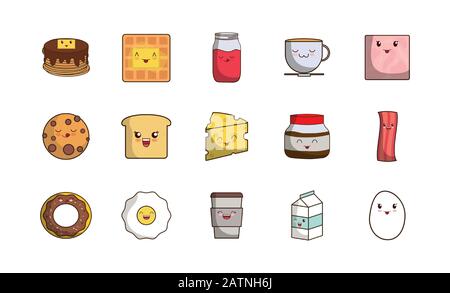 Dessins animés Kawaii, repas de petit-déjeuner produit frais magasin naturel et thème de cuisson illustration vectorielle Illustration de Vecteur