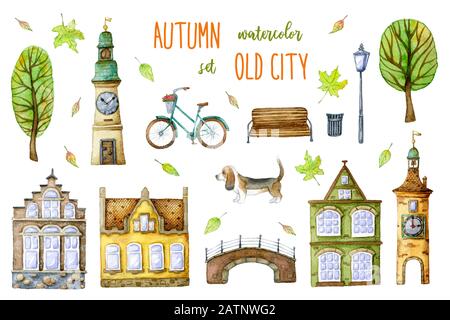 Mignons maisons anciennes, hôtel de ville, clocher, pont, arbres de dessin animé, vélo rétro, chien de chien de chien de basset, banc, lampe de rue ancienne et poubelle dans l'eau d'automne Banque D'Images