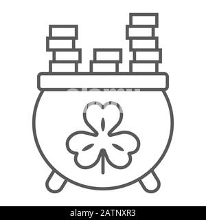 Chaudron avec pièces icône en ligne fine, St patrick jour et vacances, chaudron plein de signe d'or, graphiques vectoriels, un motif linéaire sur un fond blanc Illustration de Vecteur