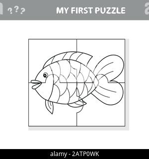 Poisson dans le style de dessin animé, jeu d'éducation pour le développement des enfants d'âge préscolaire, couper des parties de l'image - livre de coloriage - mon premier puzzle Illustration de Vecteur