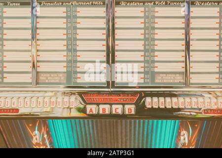 Image rétro d'un ancien juke-box avec des étiquettes de musique vides Banque D'Images