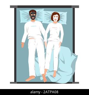 Homme et femme dans des masques de visage reposant sur le lit. Spa en soirée reposant à la maison, illustration vectorielle Illustration de Vecteur