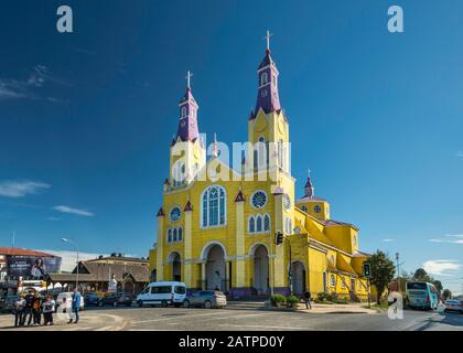 Iglesia San Francisco, église de la Plaza de Armas à Castro, Isla Grande de Chiloe, région de Los Lagos, Patagonia, Chili Banque D'Images