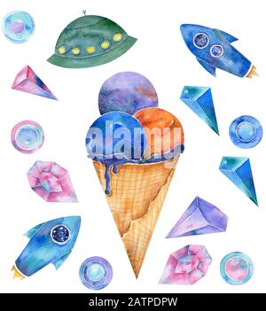Space Ice Cream aquarelle fantasy sur la voie laiteuse système solaire volant bleu Rockets OVNI dodle personnage dessin illustration de l'art géométrique pour l'anniversaire Banque D'Images