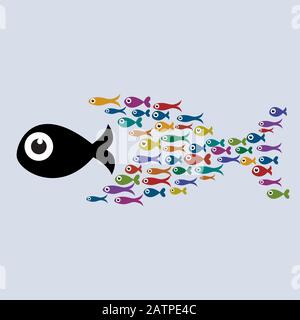 Beaucoup de poissons ensemble comme grand poisson de concept de travail d'équipe d'affaires. La métaphore de l'unité est la force Illustration de Vecteur