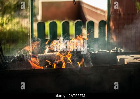 Le bois de chauffage brûle dans un barbecue en métal forgé Banque D'Images