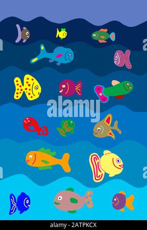 Illustration naïve, dessin pour enfants, Divers poissons colorés, Allemagne Banque D'Images