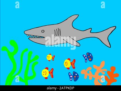 Illustration naïve, dessin pour enfants, requin et divers poissons colorés, Allemagne Banque D'Images