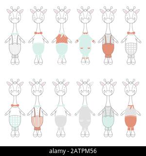 Joli imprimé avec girafes dans différents costumes. Giraffe en pantalon, chemises, salopettes sur fond blanc. Adapté aux imprimés pour enfants, carte postale Illustration de Vecteur