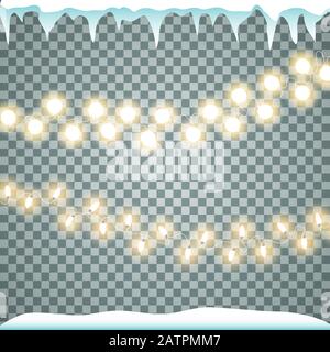 Lumières de Noël. Guirlande de noël dorée. Ampoules à incandescence Vector Gold sur des fils avec des icules et de la neige, isolées. Illustration de Vecteur