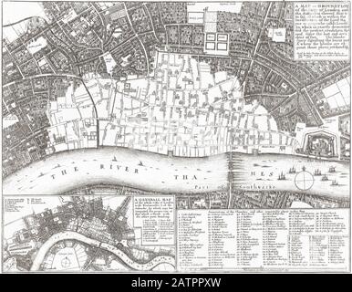 Carte montrant l'étendue des dommages causés par le Grand incendie de Londres, 1666. Selon la description dans le coin supérieur droit de la carte, la zone blanche montre ce qui a été brûlé et la propriété dans la zone qui a survécu. Banque D'Images