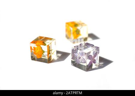 Fleurs séchées en cubes de résine époxy isolées sur fond blanc. Bijoux faits à la main. Banque D'Images