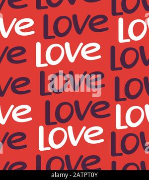 Motif vectoriel brillant sans couture avec des mots d'amour blancs et violets isolés en rouge. Texture sans fin avec texte moderne positif. Concept de conception pour Illustration de Vecteur