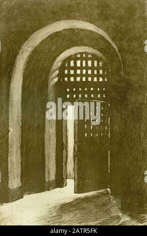 Esquisse d'une porte intérieure à la prison de Newgate, Londres, Angleterre, 1883. Des Chroniques De Newgate, 1884. Banque D'Images